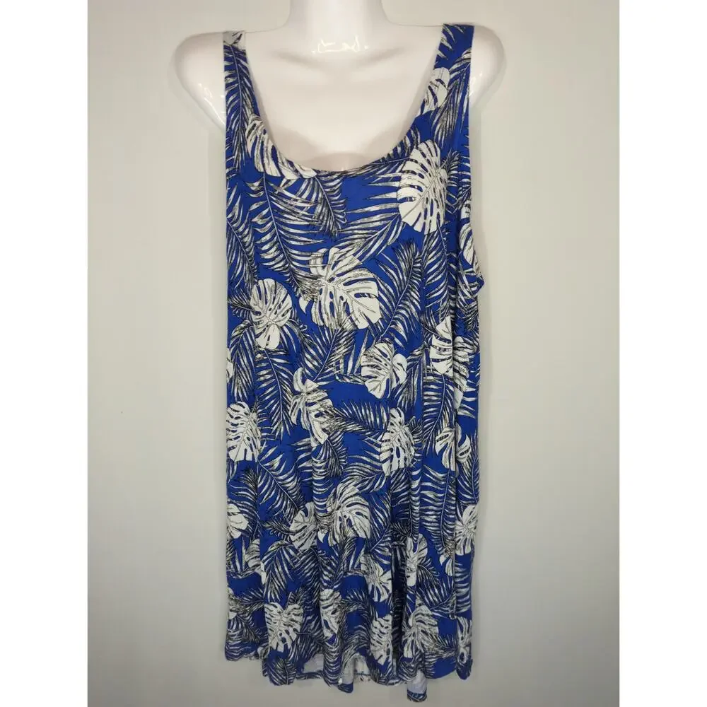 ellos Blue Tropical Scoop Neck Mini Dress‎ LARGE NWT Coastal Beachy Bohemian